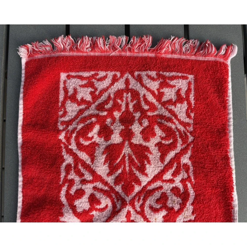 Vintage single hand towel Martex Towels of Elegance fringed red and pink 1970's